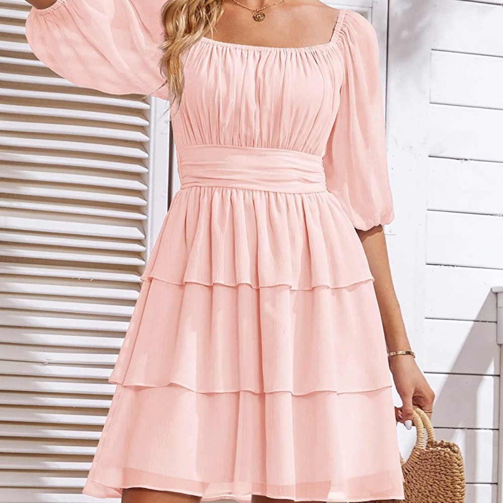 Light Pink Lantern Sleeve Off Shoulder Dress Cute Tiered Chiffon Mi…